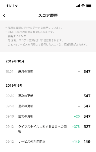 LINE Scoreの履歴画面